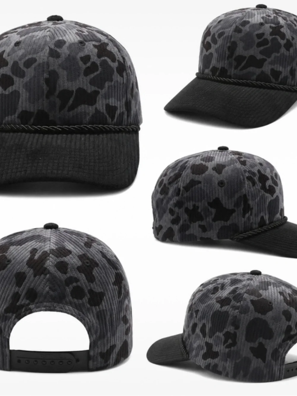 Corduroy Leopard Print Rope Cap - Black & Charcoal
